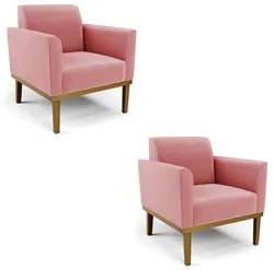 Poltrona Base Madeira Castanho Kit 2 Maressa Suede Rosê - Ibiza