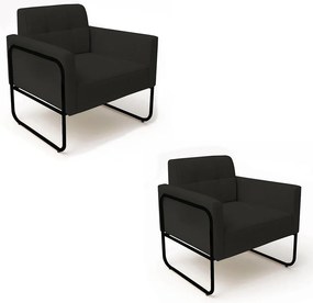 Poltrona Sala Industrial Alta Tubo Preto Kit 2 Elisa Linho D03 - D'Rossi - Preto