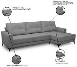 Sofá 4 Lugares com Chaise Direito 265cm Soreh F05 Veludo Prata - Mpoze