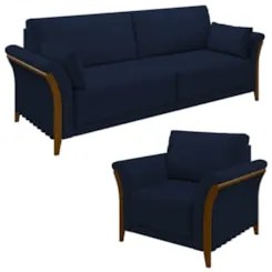 Kit Sofá Living 3 Lugares e Poltrona 102cm Pés Madeira Roya Z32 Veludo