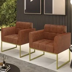 Poltrona Base Industrial Dourado Kit 2 Ana Sintético PU Nozes - Ibiza