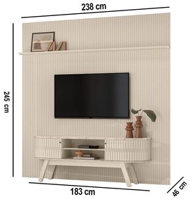 Painel TV 75 Pol 238cm Ripado Kalven com Rack Bancada Enzari Calacata/Off White M20 - D'Rossi