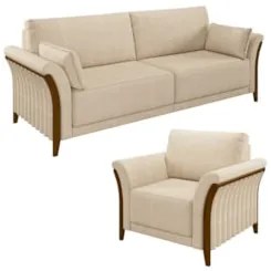 Kit Sofá Living 3 Lugares e Poltrona 102cm Pés Madeira Roya Z32 Linho