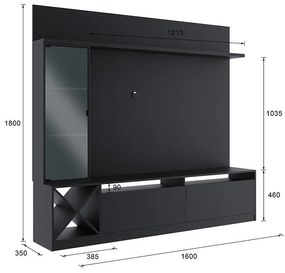 Painel Home Suspenso Sala Para Tv Vidro 7 Prateleiras Preto