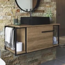 Gabinete Banheiro Suspenso 80cm Cuba Quadrada Ripy Mel/Preto Z54 - Mpo