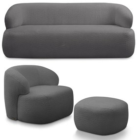 Conjunto Sala de Estar Decorativo Charlote 1 Sofá 180cm 2 Lugares 1 Poltrona Base Fixa com Puff Bouclê Grafite G88 - Gran Belo