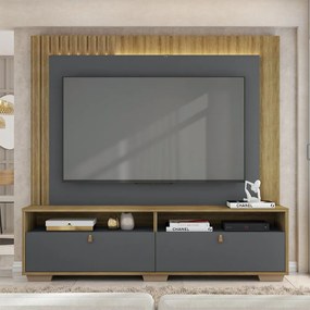 Estante Home Theater 200cm Detalhe Ripado até 70 Puxadores PU Fita LED Blida Lamina Mel/Grafite G11 - Gran Belo