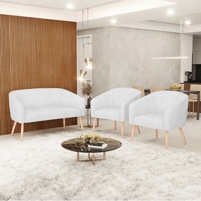 Namoradeira e 2 Poltronas Pé Palito Natural Stella Sintético PU Branco D03 - D'Rossi