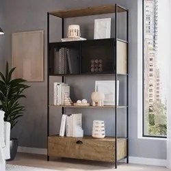 Estante Livreiro 2 Portas 1 Gaveta Estilo Industrial York Vermont/Pret