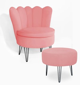 Poltrona Decorativa Dália com Puff Chloe Hairpin Legs Preto Veludo Rosê