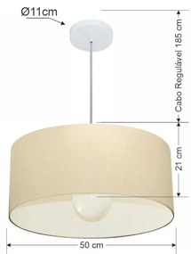 Lustre Pendente Cilíndrico 4052 Cúpula em Tecido 50x21cm Algodão Crú - Bivolt