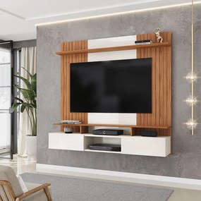 Painel Suspenso Ripado Decorativo Vilgax TV 65" Portas Basculantes OffWhite/Freijó G18 - Gran Belo
