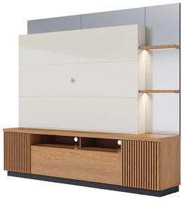 Estante Home Ripado 210cm com Espelho Melbourne Led Off White/Freijó G73 - Gran Belo