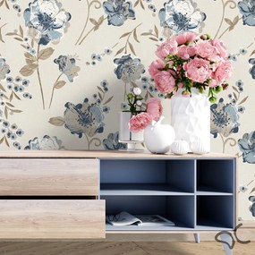 Papel de Parede Floral Azul Marrom e Bege 0.52m x 3.00m