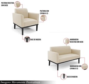 Conjunto Poltrona e Namoradeira Decorativa Isabella Pés Fixo em Madeira Preto Suede Bege G19 - Gran Belo