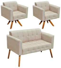 Kit 01 Namoradeira e 02 Poltronas Giratória Elisa Suede Base Madeira MM30 D'Rossi - Bege