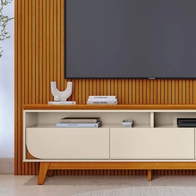 Painel TV 75 Pol 238cm Ripado Kalven e Bancada Elarin M20 - D'Rossi - Cinamomo(fosco)/Off White(brilho)