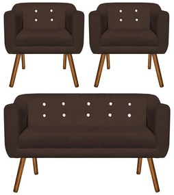 Kit 01 Namoradeira 02 Lugares e 02 Poltronas Julia Suede Marrom com Strass Pés Palito Castanho D'Rossi