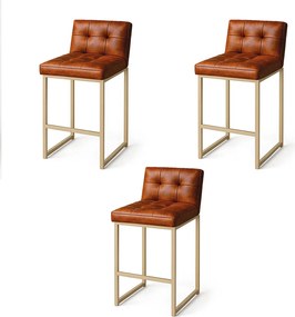 Banqueta Cozinha Alta com Encosto Industrial Kit 3 Champanhe Lirina PU Nozes C05 - D'Rossi