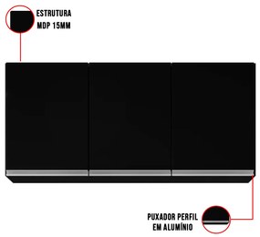 Armário Aéreo de Cozinha Lavanderia 03 Portas Tina 120 cm L06 - D'Rossi - Preto