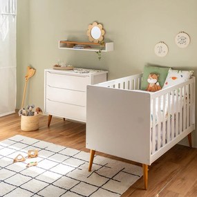 Kit Quarto Infantil Theo com Pés Retrô Mel - Berço + Cômoda 3 Gavetas - Branco Fosco