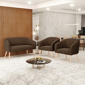 Namoradeira e 2 Poltronas Pé Palito Natural Stella Suede D03 - D'Rossi - Marrom