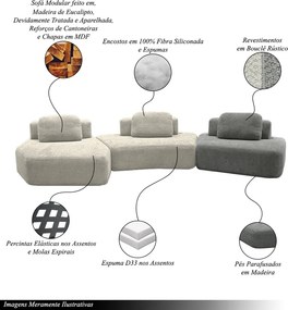 Sofá Ilha Sala de Estar 2 Módulos e Chaise Dakota Encosto Almofadas Soltas Bouclê Rústico Greige/Cinza G33 - Gran Belo