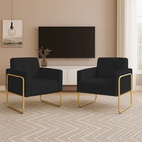 Poltrona Sala Industrial Alta Tubo Dourado Kit 2 Elisa Veludo D03 - D'Rossi - Preto