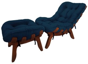 Conjunto Poltrona Decorativa Costela com Puff Costela Veludo Azul Marinho