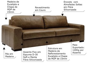 Sofá 4 Lugares Sala de Estar Pés Madeira Aisla 240 cm Couro Castanho G43 - Gran Belo