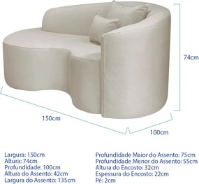 Kit Recamier Curvo Sala de Estar Inglaterra 150cm Lado Esquerdo e 2 Poltronas Orgânica Luxo Amore Linho