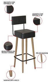 Banqueta Alta Cozinha 70cm Encosto Pé Madeira Barcelona PU Preto S02 - D'Rossi