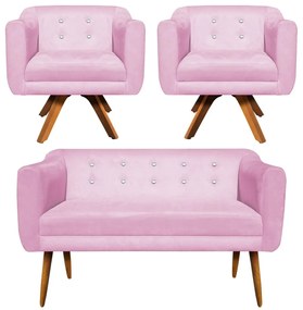 Kit 01 Namoradeira 02 Lugares e 02 Poltronas Giratória Julia Suede Rosa Bebê com Strass Base Madeira MM30 D'Rossi