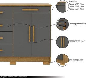 Cômoda Sapateira Batel 5 Gavetas 2 Porta de Bater com Prateleira Nature/Chumbo G98 - Gran Belo