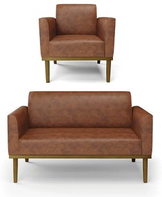 Conjunto Poltrona e Namoradeira Decorativa Isabella Pés Fixo em Madeira Castanho PU Nozes G19 - Gran Belo