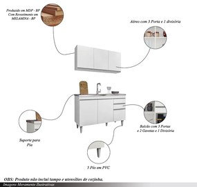 Conjunto Balcão de Cozinha para Pia Pursat Armário Aéreo MDP/BP Branco G96 - Gran Belo