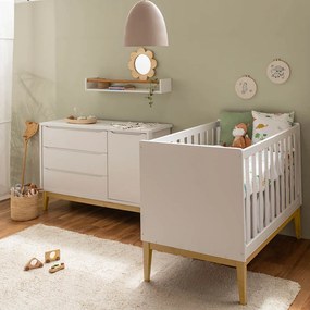 Kit Quarto Theo com Pés Square Natural - Berço + Cômoda 3 Gavetas e 1 Porta - Branco