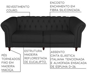 Sofá 2 Lugares Maggiore 180cm Couro Preto G58 - Gran Belo