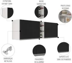 Armário de Cozinha Aéreo Califórnia 180cm Kit 2 com Nicho Adega Branco