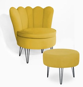 Poltrona Decorativa Dália com Puff Chloe Hairpin Legs Preto Veludo Amarelo