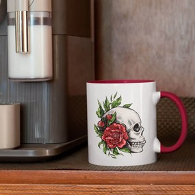 Caneca Caveira e Rosas Branca com Alça Vinho