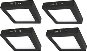 Kit 4 Plafons LED Sobrepor Quadrado 12W Preto 17Cm