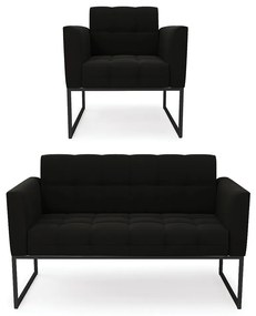 Kit 1 Sofá Namoradeira e 1 Poltrona Elisa Suede Preto Base Metálica Industrial Preto - D'Rossi