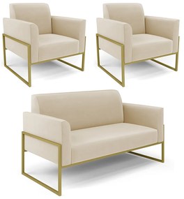Sofá Namoradeira com 2 Poltronas Base Industrial Alta Dourado Marisa Suede D03 - D'Rossi - Bege