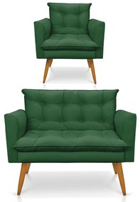 Kit 1 Sofá Namoradeira e 1 Poltrona Tais Suede Pés Palito Castanho - D'Rossi - Verde