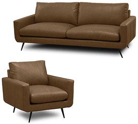 Conjunto Sala de Estar Decorativo Paloma 1 Sofá 2 Lugares 183cm 1 Poltrona Pés em Aço Couro Marrom Claro Manchado G88 - Gran Belo