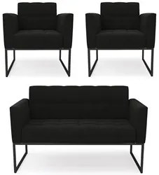 Sofá Namoradeira e 2 Poltronas Base Industrial Preto Ana Suede Preto -