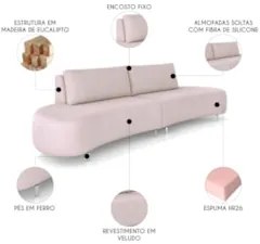 Sofá 3 Lugares 180cm Orgânico Pé Ferro Nagai Veludo Rose Z55 - Mpozena