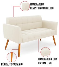 Kit 1 Sofá Namoradeira e 2 Poltronas Elisa Veludo Pés Palito Castanho D03 - D'Rossi - Bege