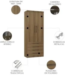 Guarda Roupa Modulado 90cm 2 Portas 4 Gavetas Delphi Avelã L01 - Mpoze